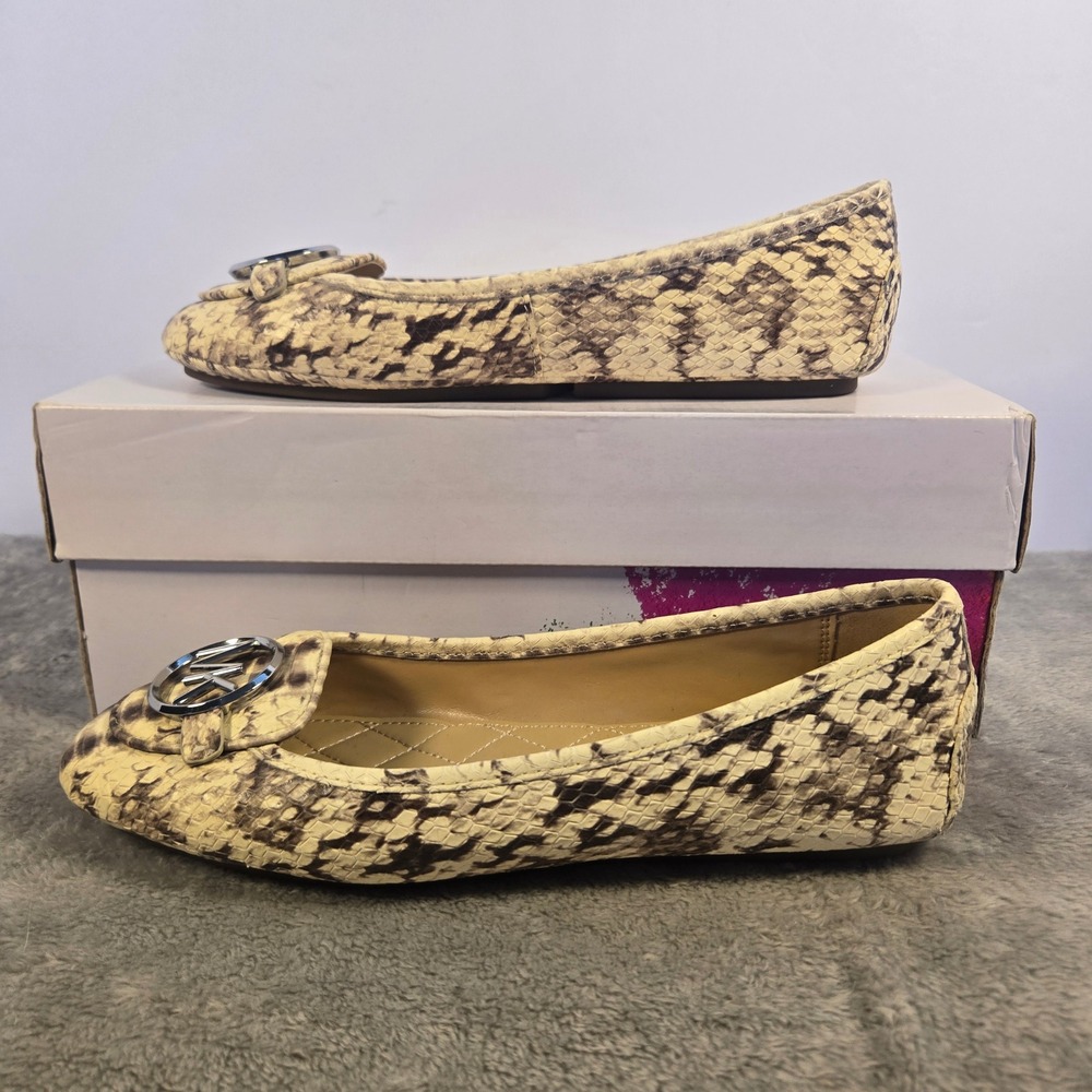 Michael Kors Fulton Moc Snakeskin Leather Ballet Flats Cream Brown Silver 7.5M